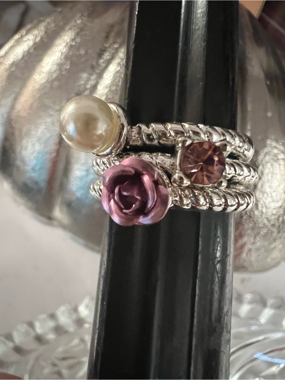 Silver-Tone Stacking Ring Set with Pink Rose, Pearl and Pink Crystal